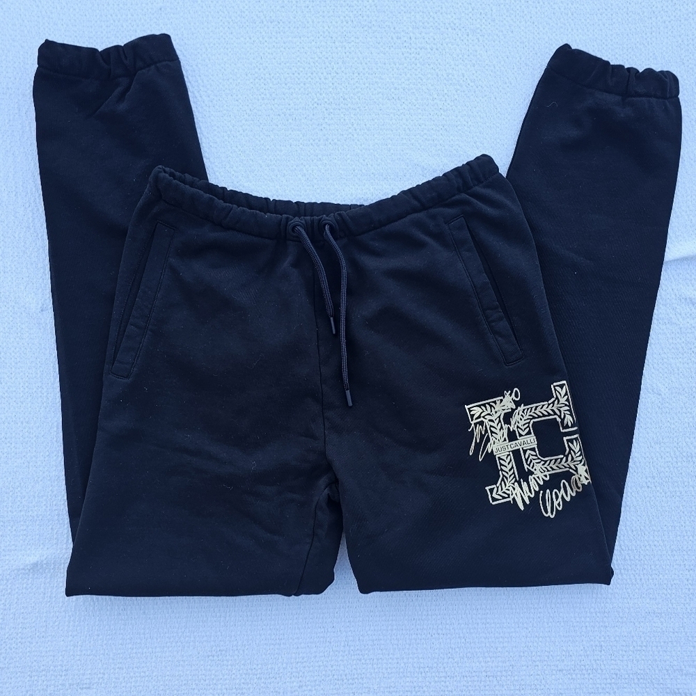 JUST CAVALLI Casual pants black with metallic gold logo size small